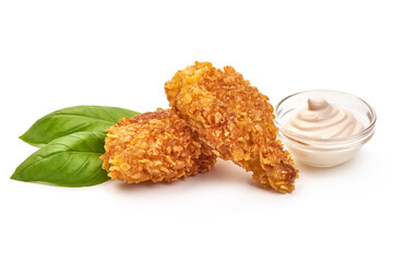 Fried chicken strips in breadcrumbs, isolated on white background