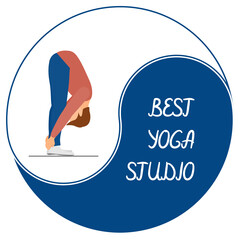 Logo for sports design. The round emblem is a sign of white and blue yin-yang balance. The man is doing gymnastics. Vector in a flat style. Yoga for men. Handwritten letters: BEST YOGA STUDIO.