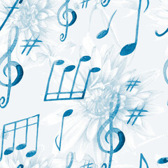 Notes and flowers, watercolor seamless pattern.