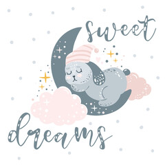 Cute little bunny sleeping on the Moon.Sweet dreams. Childish print. Can be used for poster, card, t-shirt, clothing, baby shower celebration etc.  Pastel colors, adorable wild animal. Nursery poster.