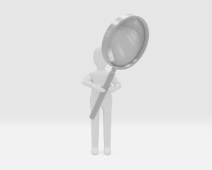 abstract human with big magnifier look for something, search concept, 3d render