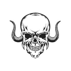 Horned Devil Skull. Hand Drawn Vector Illustration