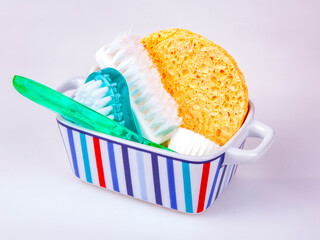 Objects for care of skin: various sponges, the peeling brush