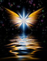 Shining Angel Wings above water surface. 3D rendering