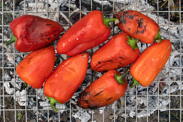 Several paprika fruits are baked on a wire rack over coals. In some places, the peel of the fruit...
