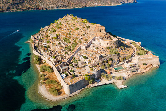 Aerial drone view of Spinalonga island