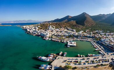 ELOUNDA, CRETE, GREECE - 27 AUGUST 2020: Aerial view of the harbor in the popular Greek tourist town of Elounda on the island of Crete
