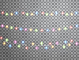Christmas color garland lights isolated on transparent background. Led neon lamp decoration. Glow colored bulb. Bright decoration for xmas cards, banners, posters, web. Vector illustration