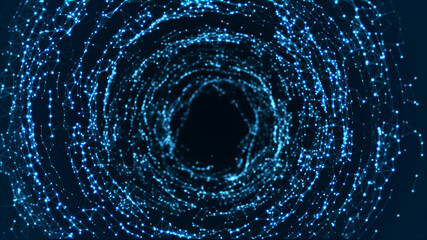 Digital binary data tunnel. Abstract connection of dots and lines on dark background. Concept of network. 3D
