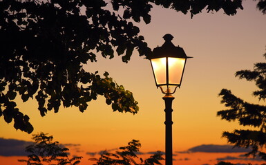 Sonnenuntergang mit Silhouette von Zweigen und leuchtender Laterne