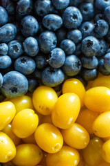 Mix of yellow and blue berries. Summer mick fruit. Berry layout