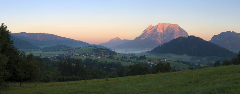 Panorama of Enns valley with mount Grimming at sunrise, Styria, Alps, Austria