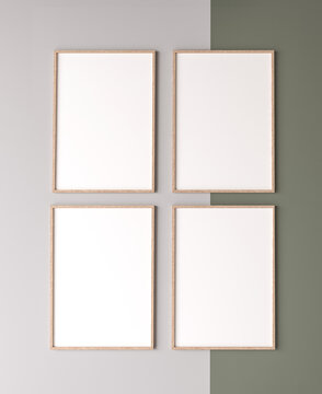 Blank vertical poster frame mock up on beige and green background. Four wooden wooden frames isolated in Scandinavian interior. 3d render	