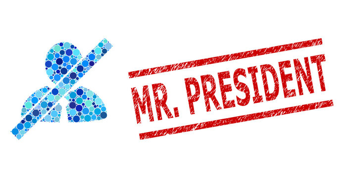 Round dot mosaic blacklisted clerk and MR. PRESIDENT dirty watermark. Stamp seal includes MR. PRESIDENT tag between parallel lines. Vector mosaic is based on blacklisted clerk symbol,