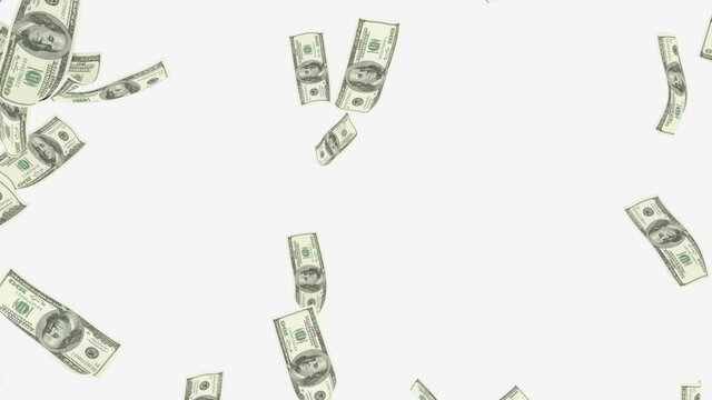 3D Animation - Rain 100 dollar bills on white background