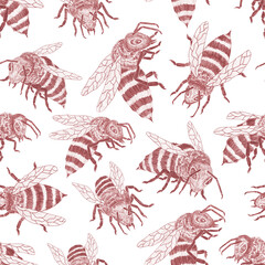 Seamless pattern with red bees on white background. Stylish vintage texture.