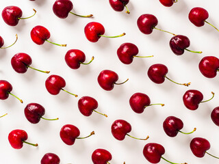 Overhead shot of cherries placed in rows on a white background.