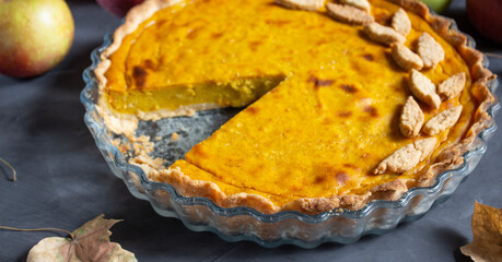 Thanksgiving Day. Thanksgiving Autumn cake background over black background. Thanksgiving Dinner.