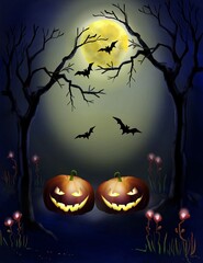Happy halloween card. Two smiling pumpkins in the forest against the background of the full moon and bats.