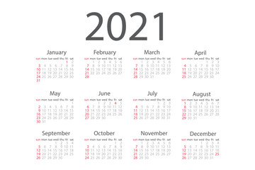2021 monthly calendar template isolated white color