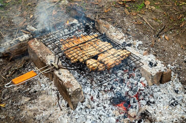 Assorted delicious grilled meat over the coals on barbecue