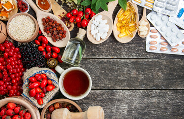 rose hips,chamomile,dog-rose oil  sea buckthorn and goji berries. viburnum branch Medicinal plants and herbs composition	