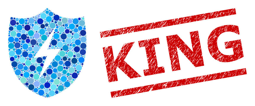 Round dot composition electric shield and KING grunge stamp seal. Stamp seal includes KING caption between parallel lines. Vector mosaic is based on electric shield icon,