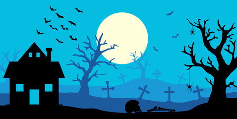 Happy Halloween banner. Halloween night background with house and trees on cemetery. Full moon in the sky and bats. Vector illustration.
