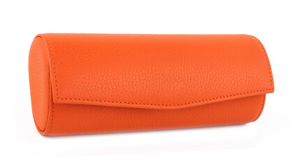 Closed new orange leather eyeglasses case