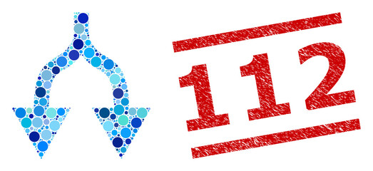 Circle composition split arrows down and 112 dirty stamp seal. Stamp seal includes 112 title between parallel lines. Vector mosaic is based on split arrows down symbol,