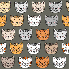 Cute seamless pattern with pretty cats. Childish cartoon background for fabric, wrapping paper, textile, wallpaper, apparel, nursery decoration. Kids cartoon vector background.  