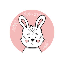 Rabbit, bunny. Cute funny hand drawn animal sticker or label. Cartoon doodle sketch style. Vector illustration for print: card, banner, poster, baby cloth, sticker, interior elements for nursery.