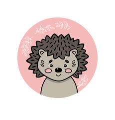 Hedgehog. Cute funny hand drawn animal sticker or label. Cartoon doodle sketch style. Vector illustration for print: card, banner, poster, baby cloth, sticker, interior elements for nursery.