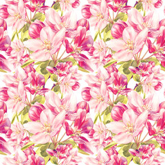 Seamless pattern of spring blooming Apple trees. Watercolor floral seamless pattern.