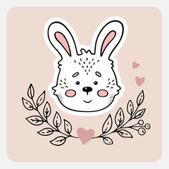 Rabbit. Cute funny hand drawn animal with hearts, leaves and branches. Cartoon doodle sketch style. Vector illustration for card, banner, poster, baby cloth, sticker, interior elements for nursery.