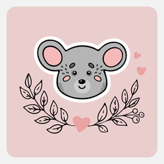 Mouse. Cute funny hand drawn animal with hearts, leaves and branches. Cartoon doodle sketch style. Vector illustration for card, banner, poster, baby cloth, sticker, interior elements for nursery.