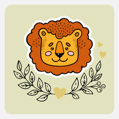 Lion. Cute funny hand drawn animal with hearts, leaves and branches. Cartoon doodle sketch style. Vector illustration for card, banner, poster, baby cloth, sticker, interior elements for nursery.