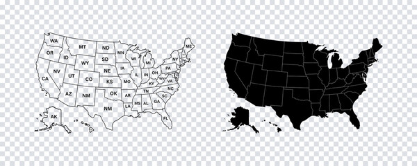 USA map states. Vector line design. High detailed USA map. Labeled with postal abbreviatations. Stock vector.
