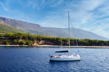 View of sailboat mooring in Bol island in Croatia