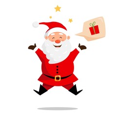 Cute jumping santa claus character with speech bubble. Vector illustration for christmas greeting cards design