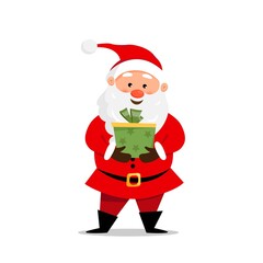 Cute santa claus character holding christmas present. Vector illustration for greeting cards design