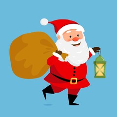 Cute santa claus character carrying bag and lantern. Vector illustration for christmas greeting cards design