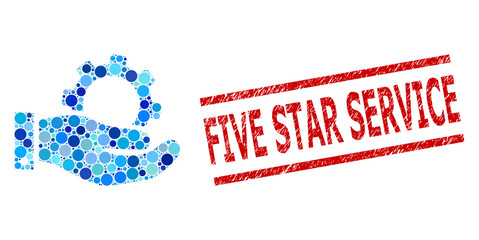 Circle mosaic service and FIVE STAR SERVICE unclean stamp seal. Seal includes FIVE STAR SERVICE title between parallel lines. Vector mosaic is based on service icon,