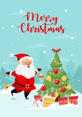 Greeting card with santa claus decorating christmas tree on snow forest background. Vector illustration