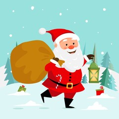 Snow scene with santa claus walking in the forest with sack and lantern, gift boxes. Vector illustration for christmas greeting cards design