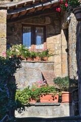 Fototapeta na wymiar typical old house with flowers in civita di bagnoregio, italy