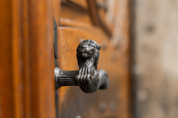 Antique doorknob with the figure of a lion. Close-up