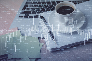 Double exposure of forex chart drawing and desktop with coffee and items on table background. Concept of financial market trading