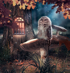 Sleeping owl sitting on mushroom in fantasy enchanted fairy tale pine forest and moon rays shine...