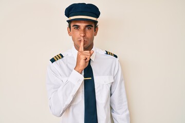 Young hispanic man wearing airplane pilot uniform asking to be quiet with finger on lips. silence and secret concept.